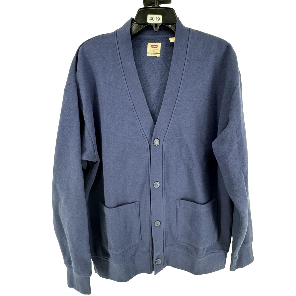 Levi's Cardigan Sweater Mens Medium Blue Relaxed Fleece V Neck Pockets Grandpa
